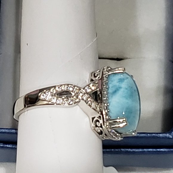 Larimar & White Zircon split shank halo ring Platinum over 925 Sterling 8 cts - Picture 4 of 5